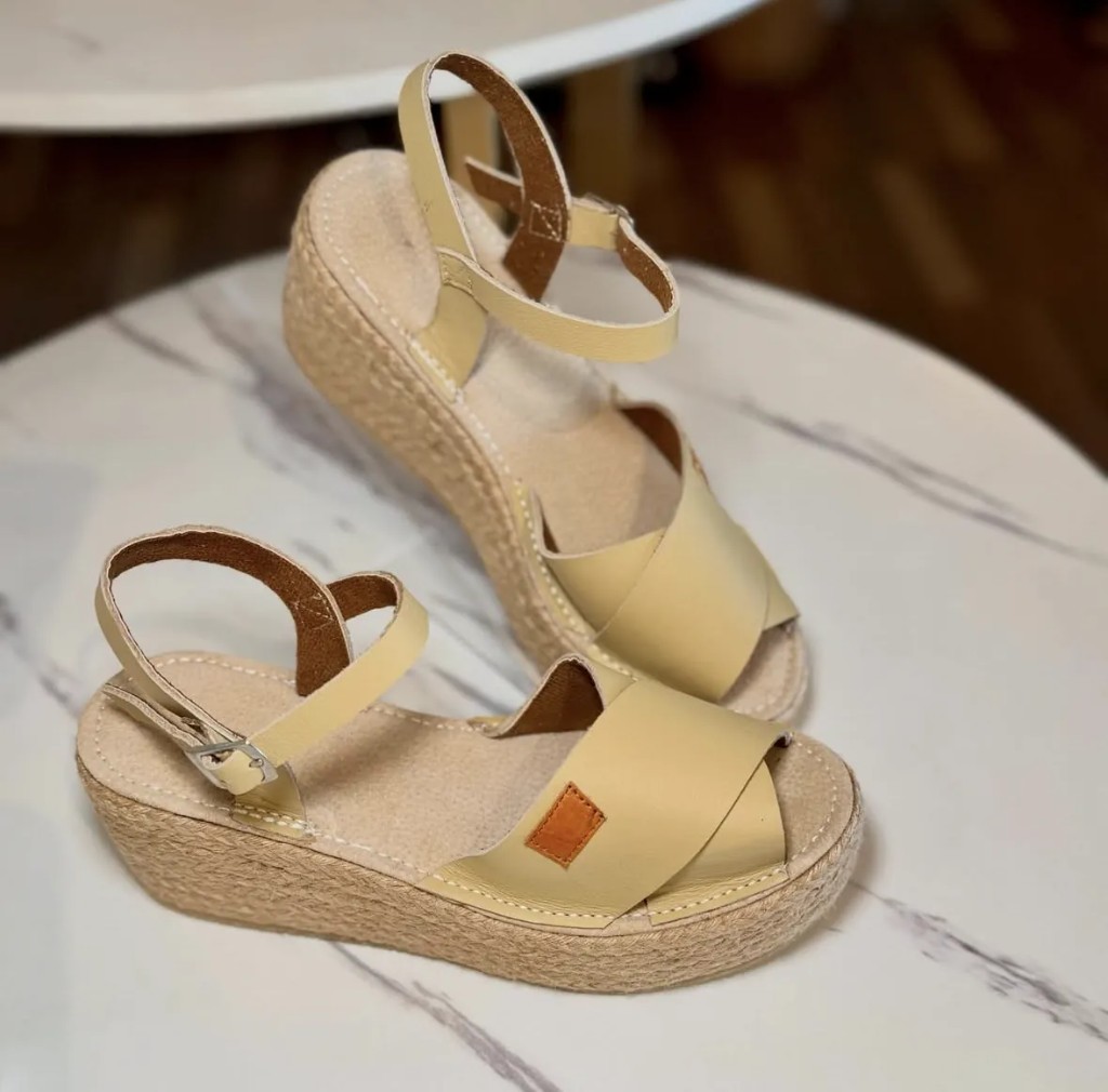 Sand leather wedge sandals with an ankle strap and jute-wrapped sole